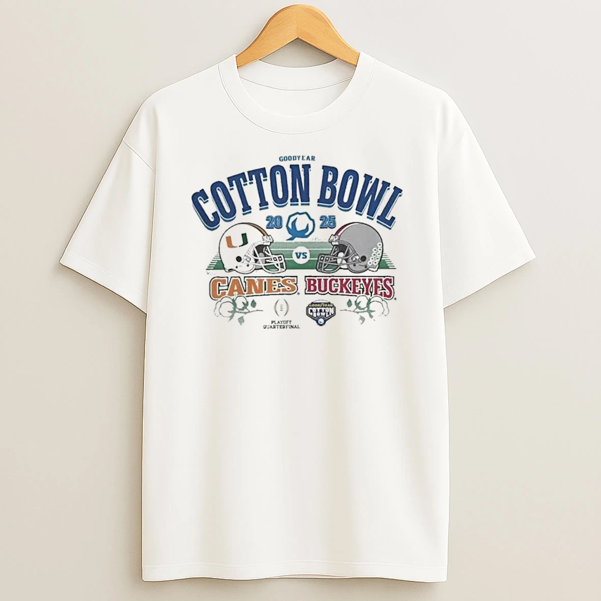 Whatwillwear Teeextra 20251223_125621 39_miami Hurricanes Vs Ohio State Buckeyes 2025 Goodyear Cotton Bowl 2 Team Matchup Helmets Shirts