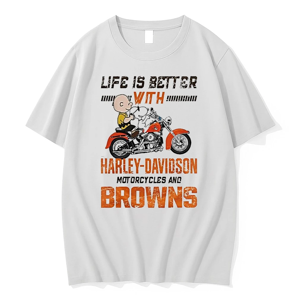 Whatwillwear Teeextra 20251223_125621 39_peanuts Life Is Better With Harley Davidson Motorcycles And Cleveland Browns Nfl Shirts