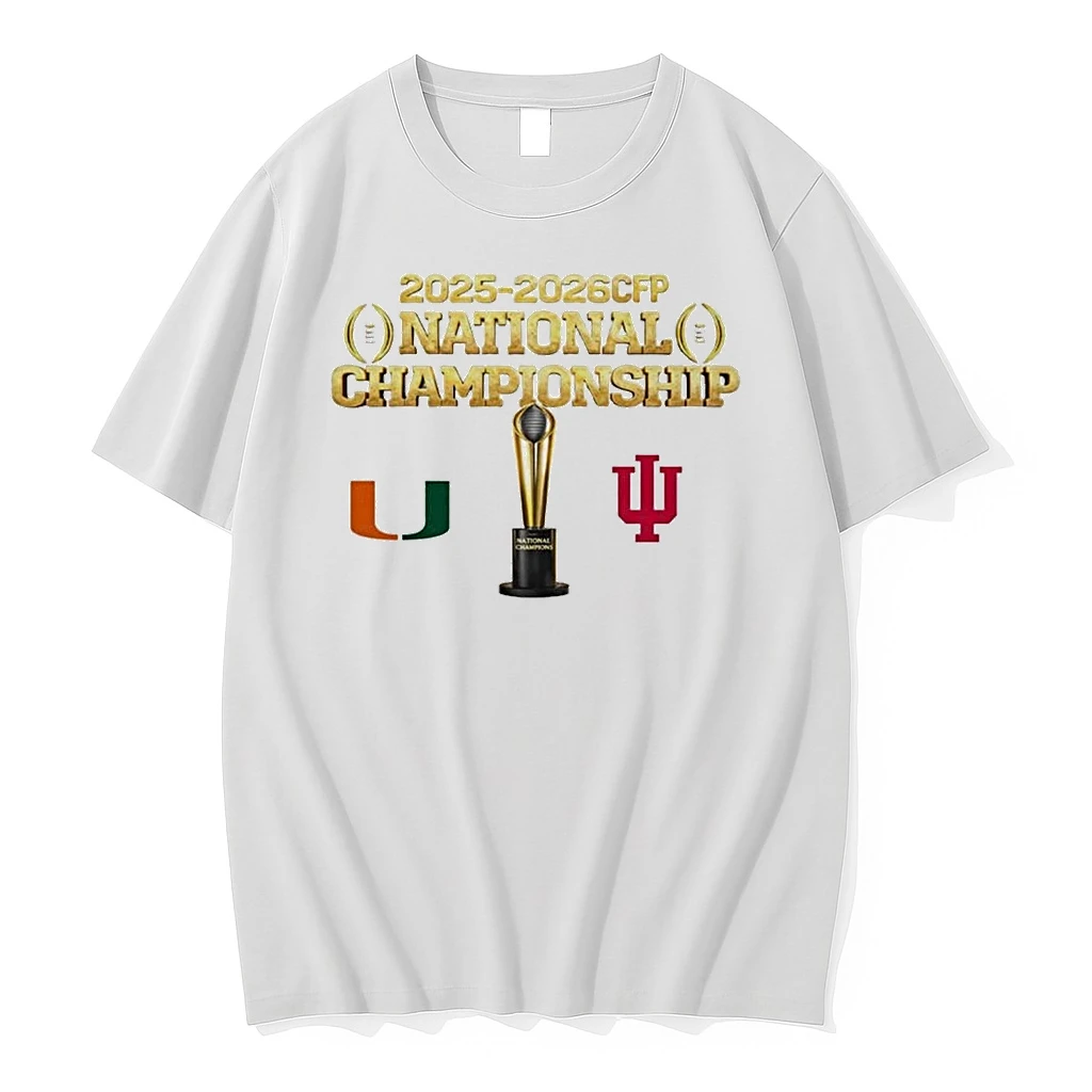 2025 2026 Cfp National Championship Miami Hurricanes Vs Indiana Hoosiers Matchup On January 19th 2026 For Miami Florida Logo Gold Shirts