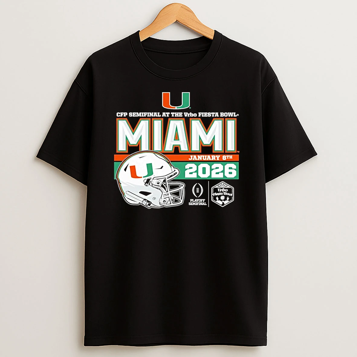 2026 Cfp Semifinal Vrbo Fiesta Bowl Miami Hurricanes January 8th Helmets Logos Men Shirts