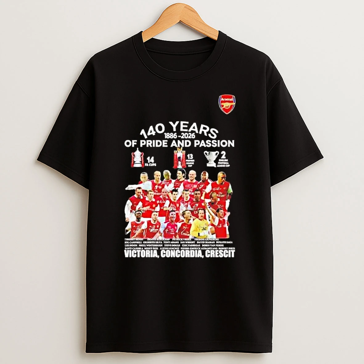 Arsenal 140 Years Of Pride And Passion 1886 2026 Victoria Concordia Crescit Shirts