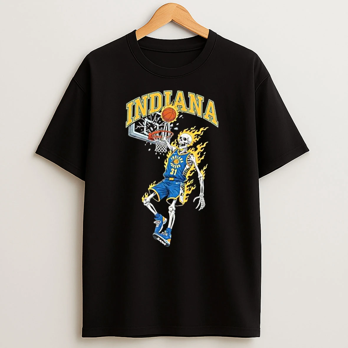 Awesome Indiana Pacers Mens Basketball Skeleton Player Fire Shirts