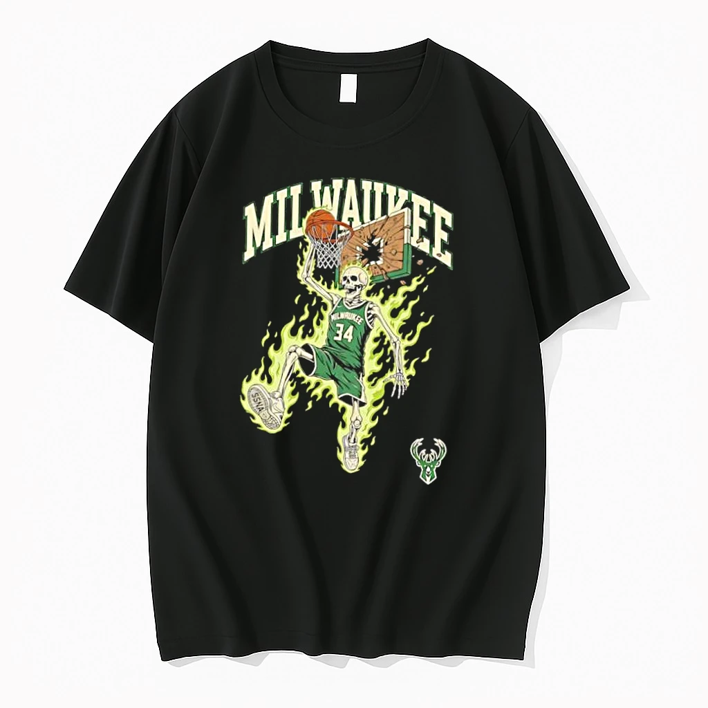 Awesome Milwaukee Bucks Mens Basketball Skeleton Player Fire Shirts