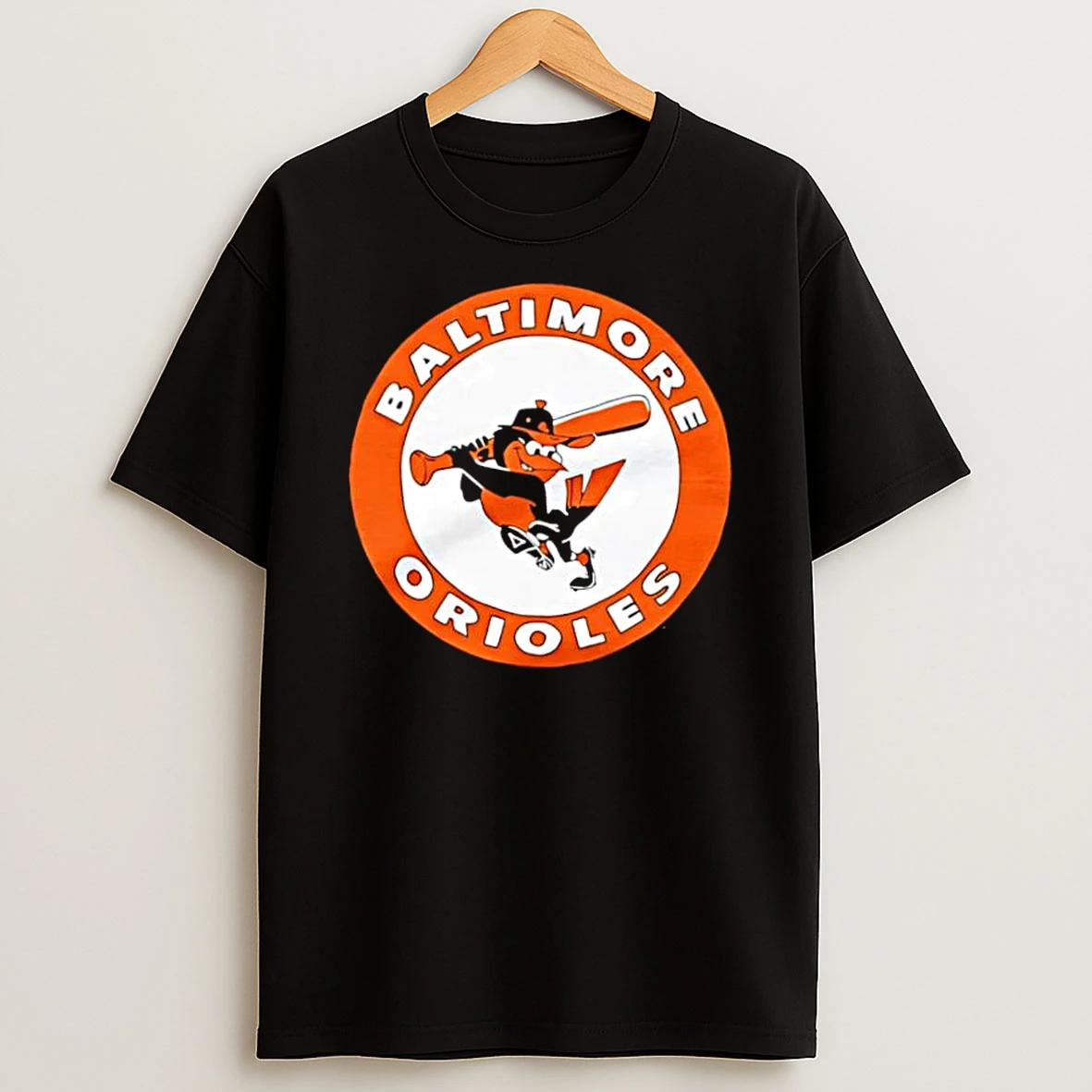 Baltimore Orioles Mascot The Bird Swinging Baseball Bat Orange Circle Logo Shirts