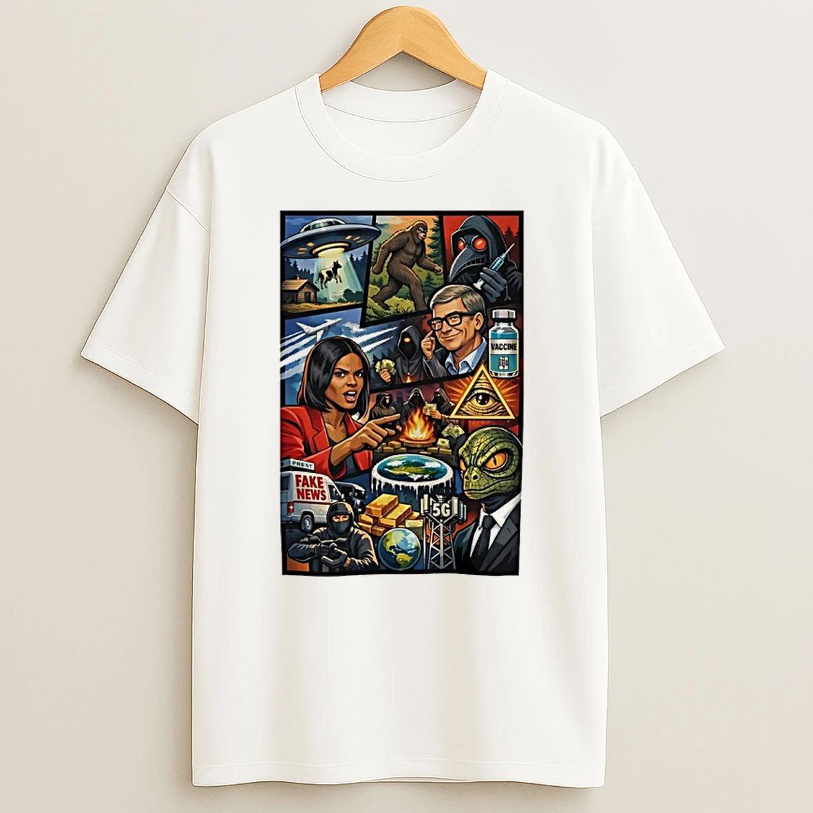 Bill Gates Conspiracy Eye Of Providence Bigfoot Alien Fake News Vaccine Graphic Shirts