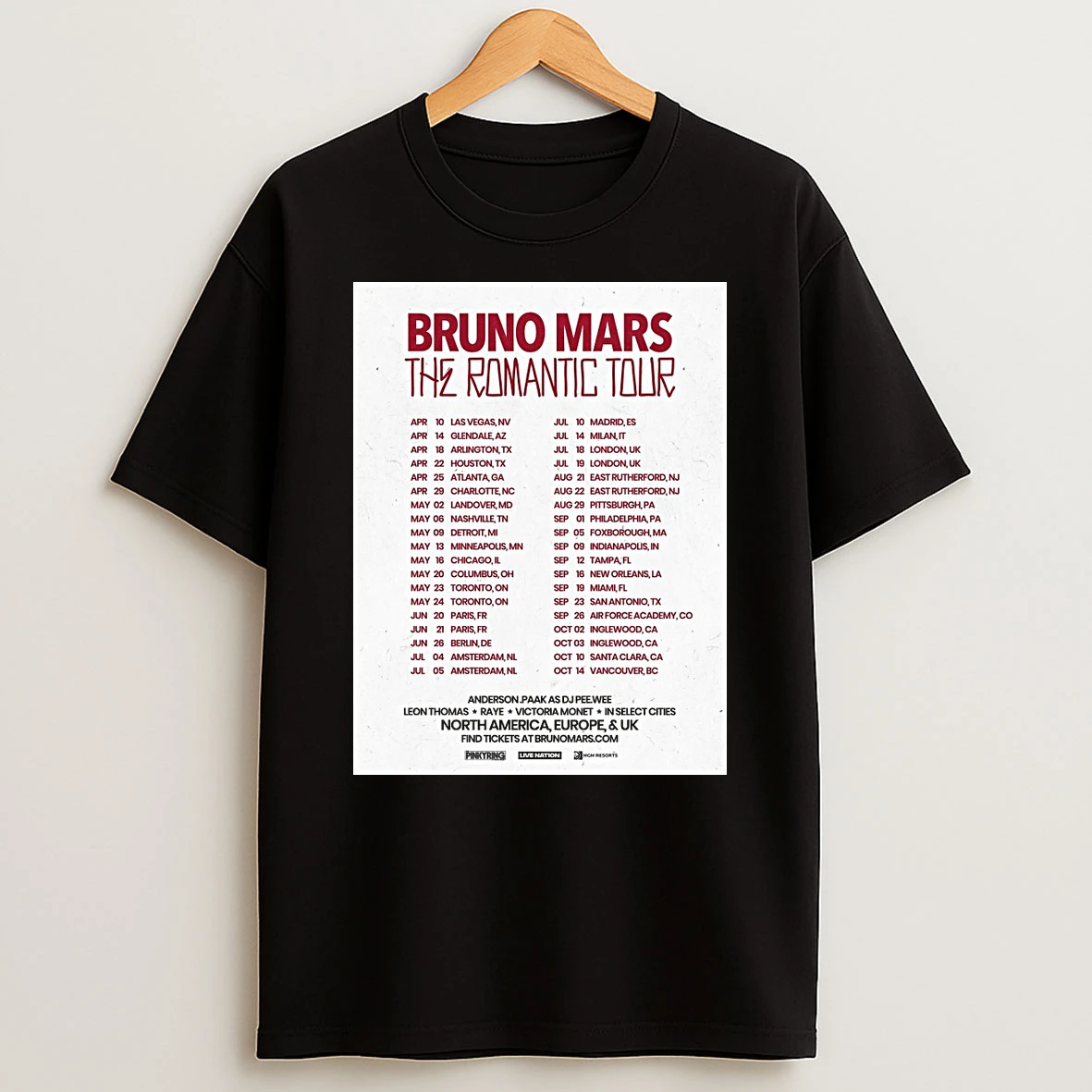 Bruno Mars The Romantic Tour April 10 October 14 2026 North America Europe And Uk Shirts
