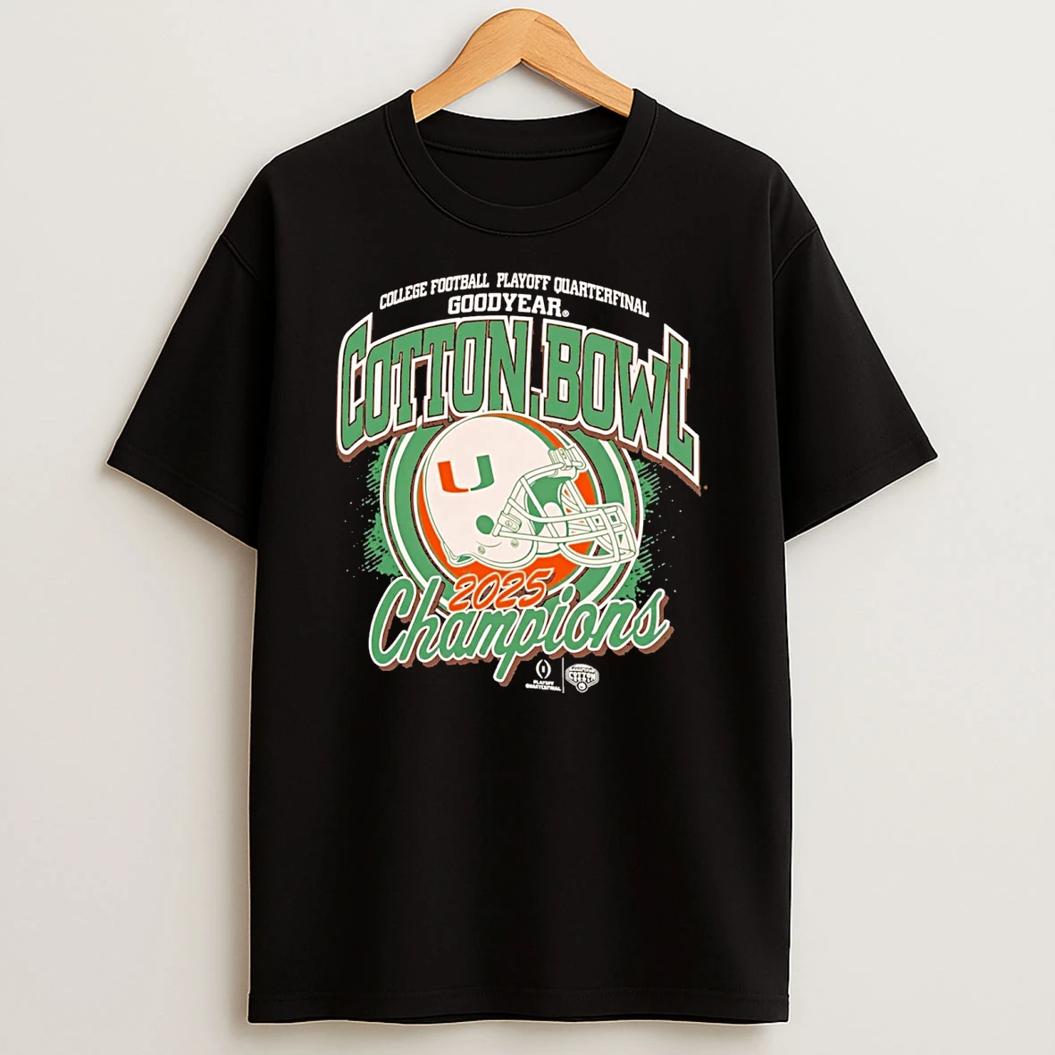 Cfp Playoff Quarterfinal Goodyear Miami Hurricanes 2025 Goodyear Cotton Bowl Champions Helmets Men Shirts