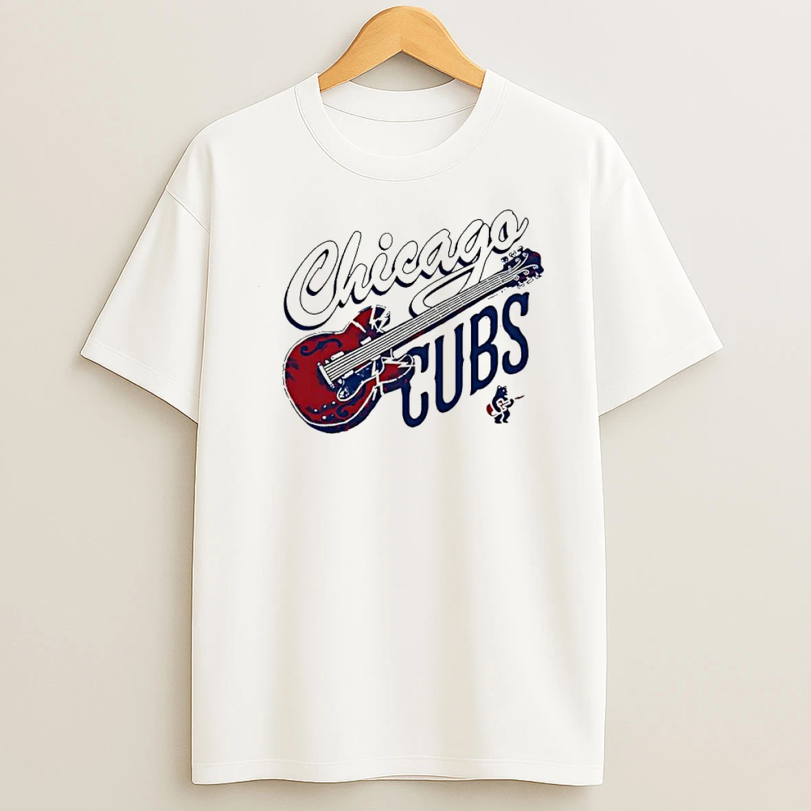 Chicago Cubs Red Electric Guitar With Lightning Bolts And Small Bear Playing Music Shirts