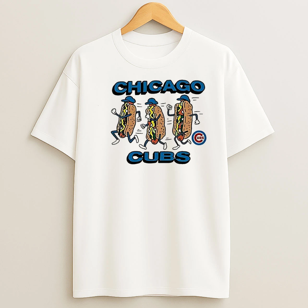 Chicago Cubs Three Running Hot Dogs Wearing Blue Hats And Gloves Sports Graphic Shirts