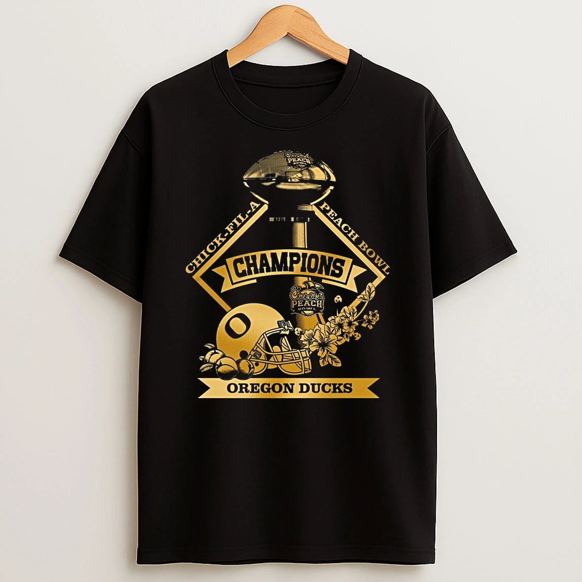 Chick Fil A Peach Bowl Champs Oregon Ducks Jan 9 2026 Trophy Helmet Gold Shirts