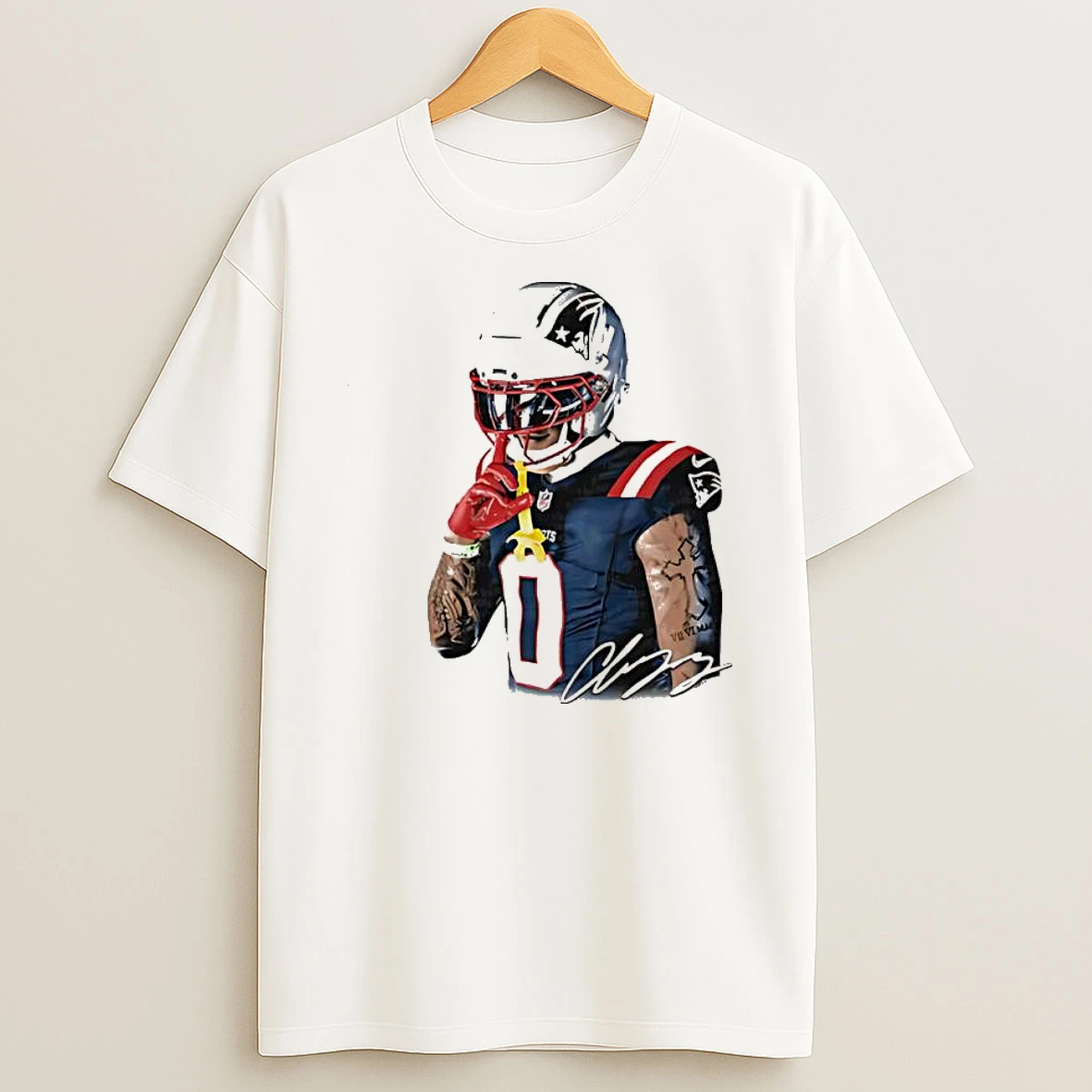 Christian Gonzalez New England Patriots Number Zero Quiet Shh Gesture Helmet Tattoo Graphic Shirts