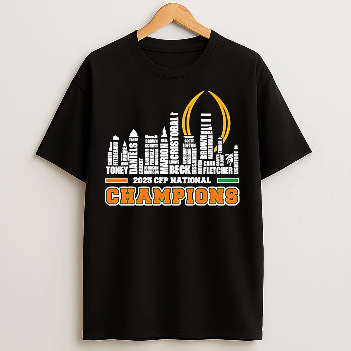 Classic 2025 26 Cfp National Champions Miami Hurricanes Players Names City Skyline T Shirts