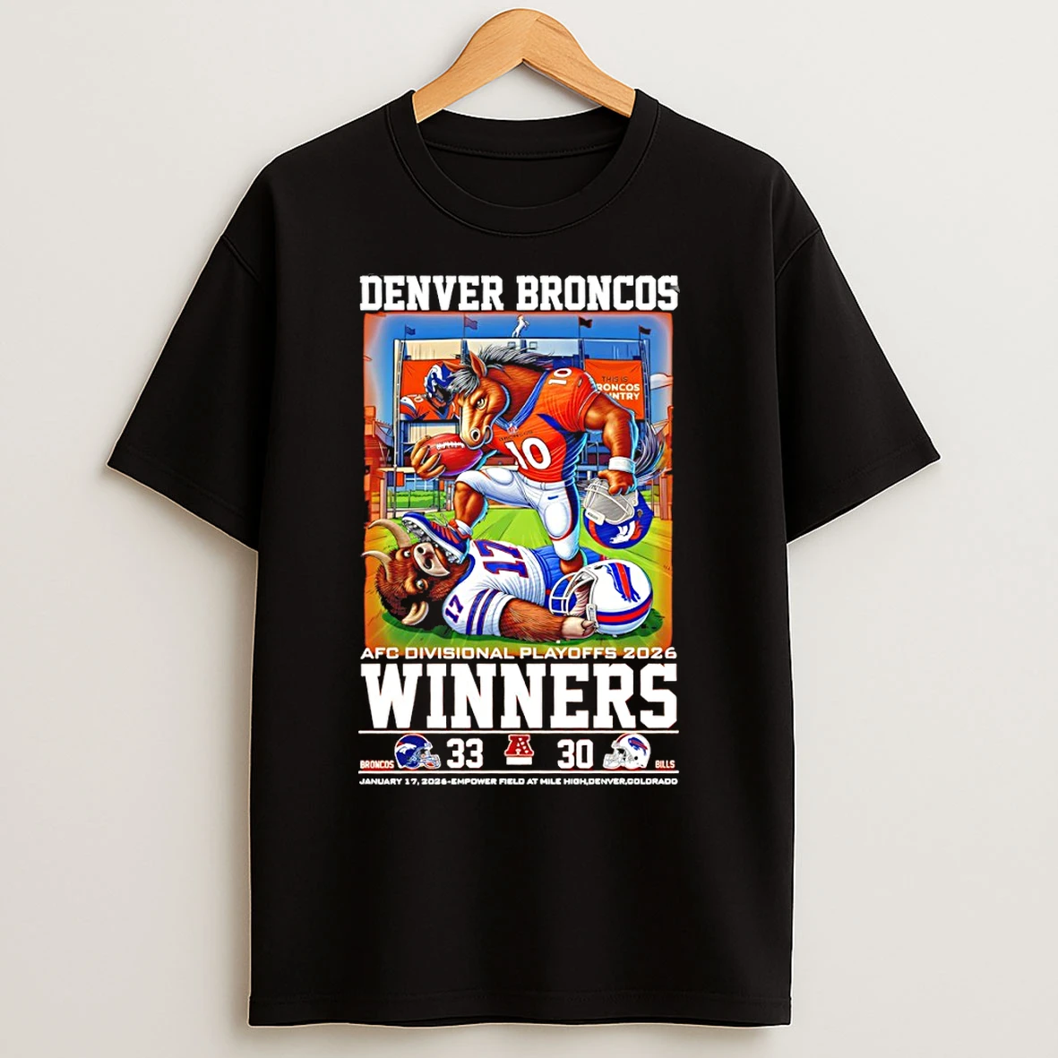 Classic Afc Divisional Playoffs 2026 Winner Mascot Denver Broncos 33 Buffalo Bills 30 T Shirts