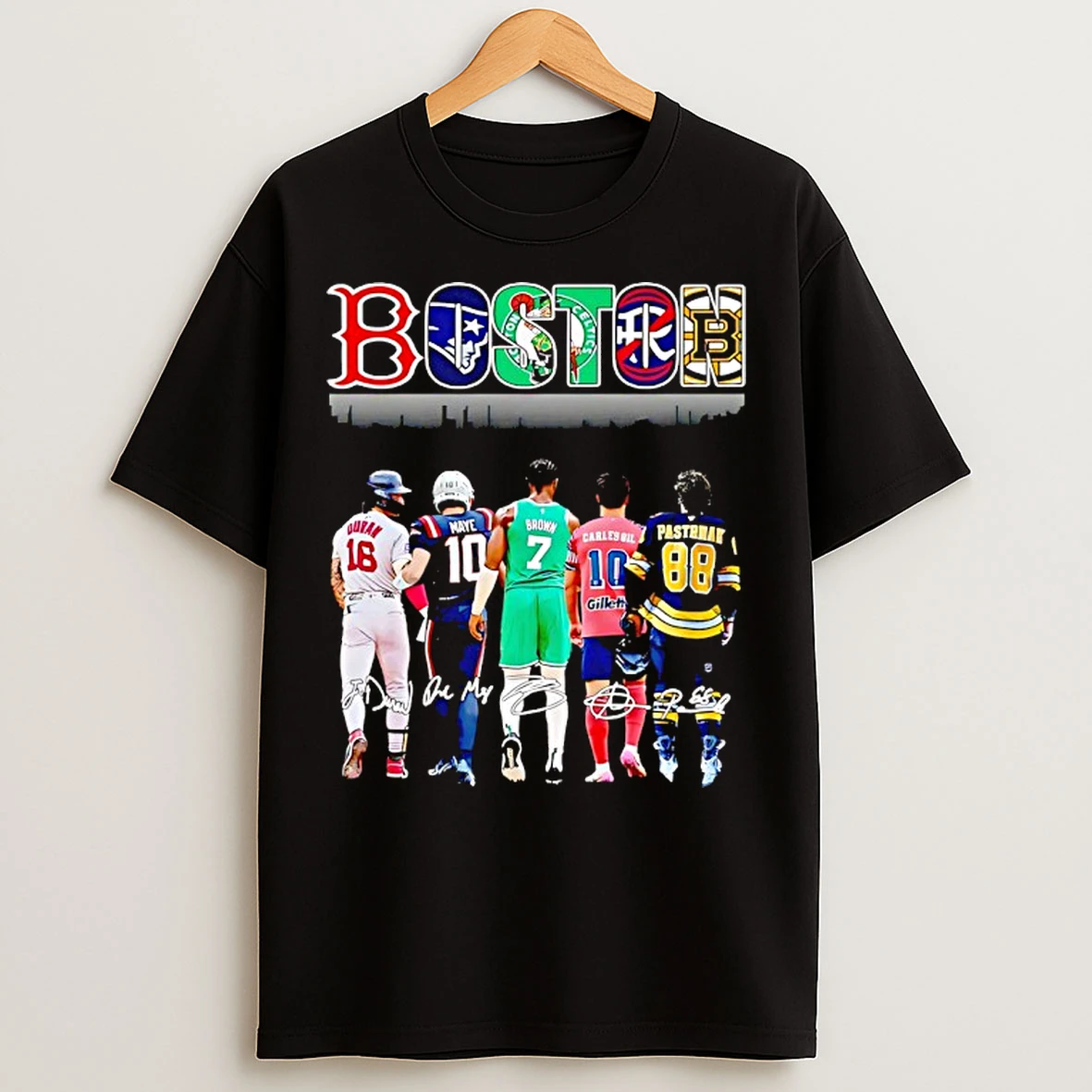 Classic Boston City Skyline Boston Red Sox Ne Patriots Boston Celtics Ne Revolution And Boston Bruins Signatures T Shirts