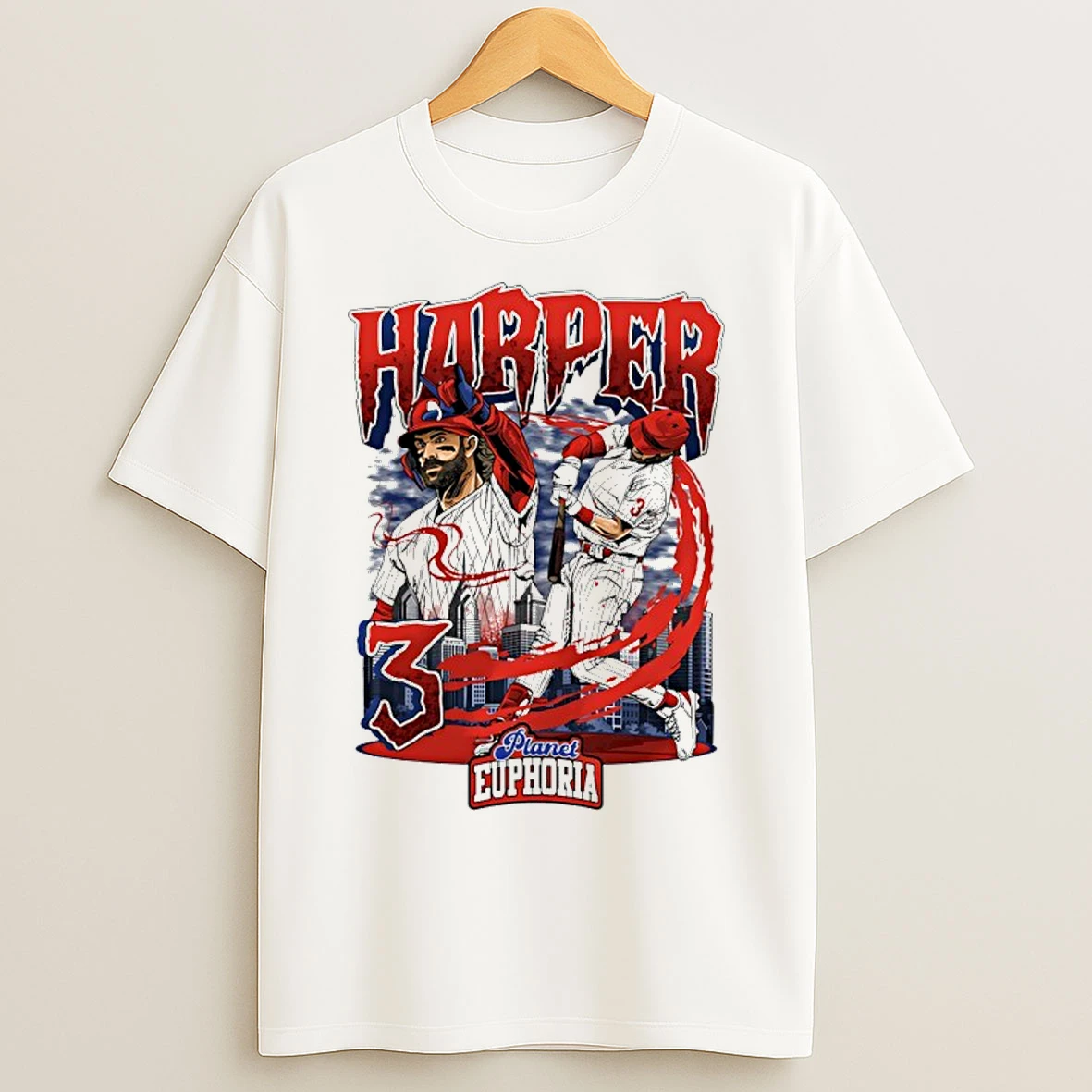 Classic Bryce Harper Philadelphia Phillies Player Swing City Skyline T Shirts