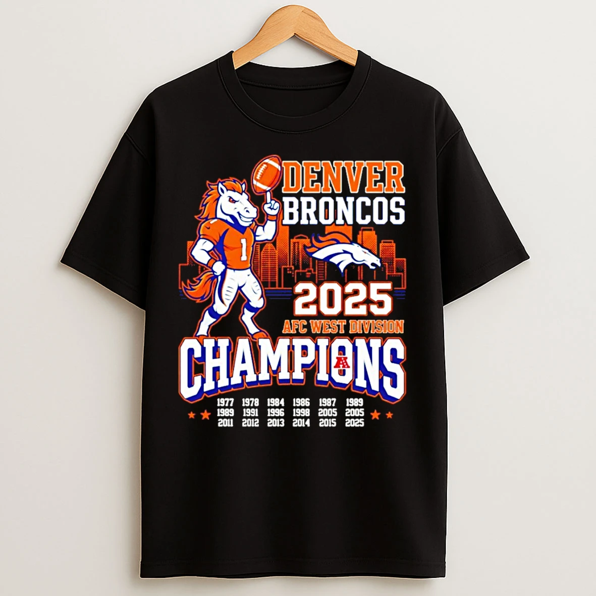 Classic Denver Broncos 2025 Afc West Division Champions Miles Mascot City Skyline T Shirts