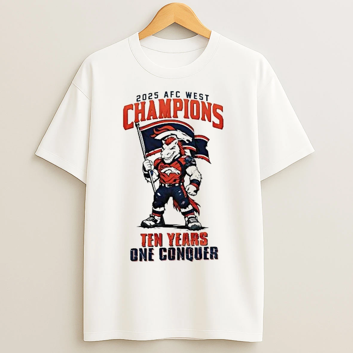 Classic Denver Broncos 2025 Afc West Champions Ten Years One Conquer Mascot T Shirts