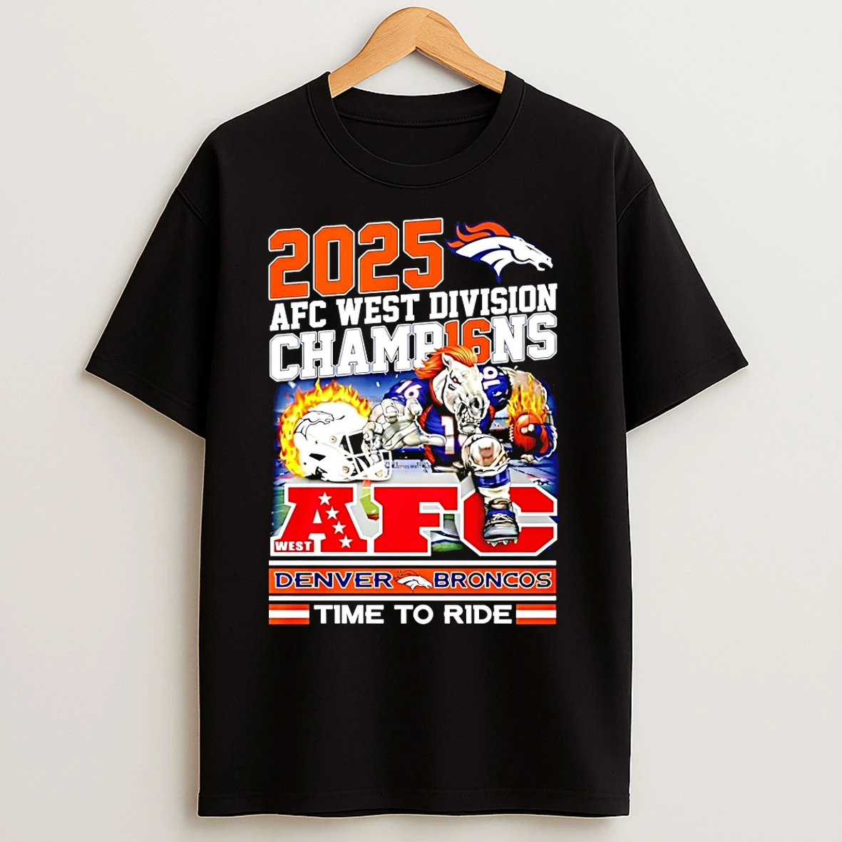 Classic Denver Broncos Nfl Afc West Division Champions 2025 Time To Ride Mascot T Shirts
