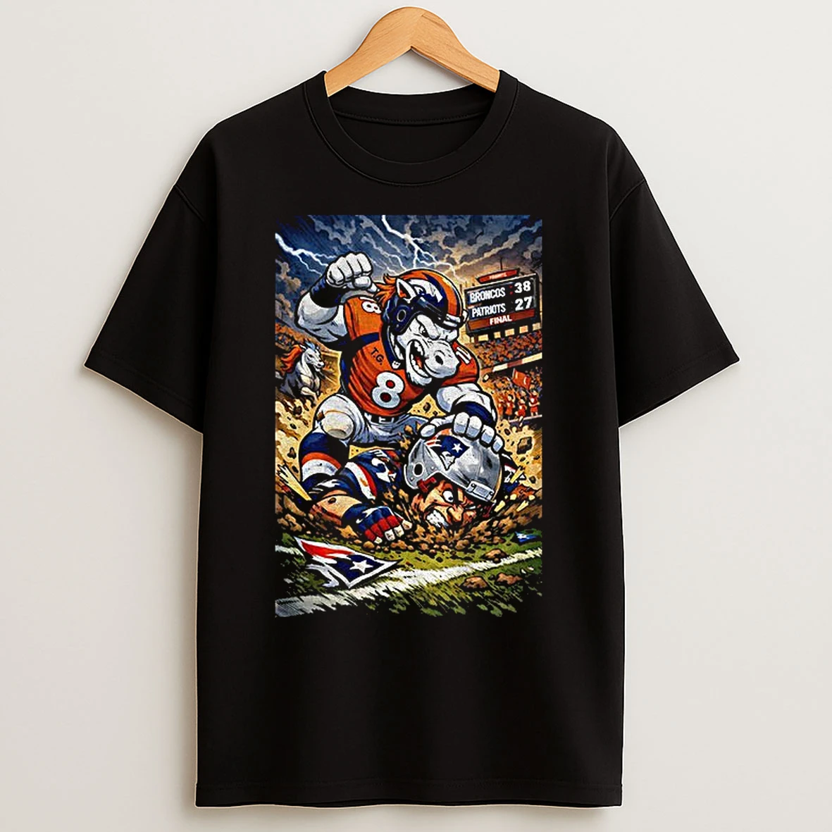 Classic Denver Broncos Beat New England Patriots Mascot Broncos 38 Patriots 27 Cartoon T Shirts