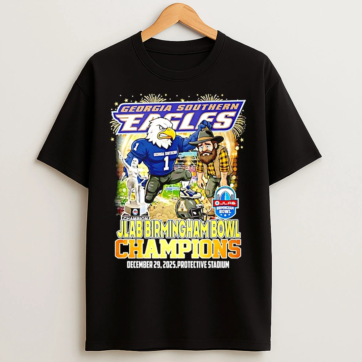 Classic Georgia Southern Eagles Jlab Birmingham Bowl Champions 2025 Mascot T Shirts