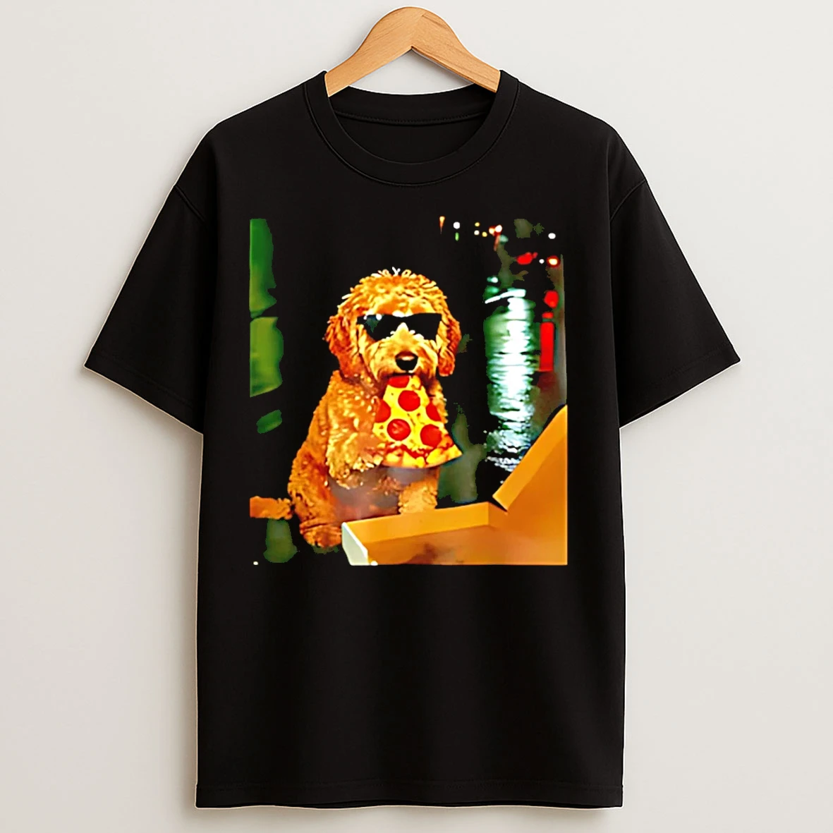 Classic Goldendoodle Eating Pizza Holding Glasses Meme T Shirts