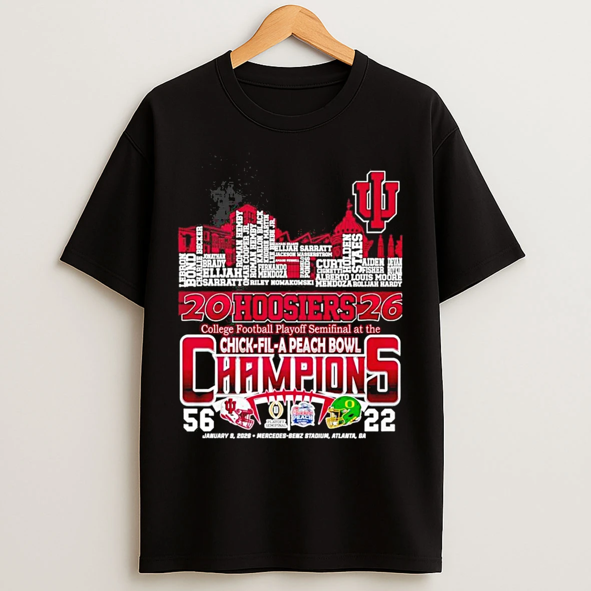 Classic Indiana Hoosiers Chick Fil A Peach Bowl Champions 2026 City Skyline Player Name T Shirts