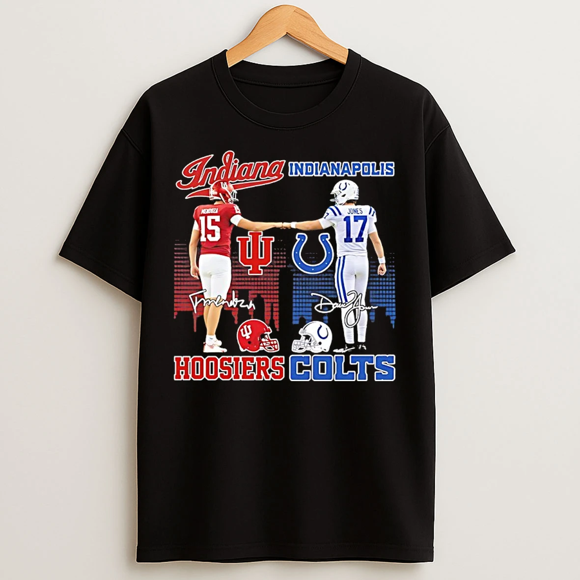 Classic Indiana Hoosiers Fernando Mendoza And Indianapolis Colts Jones City Skyline Signatures T Shirts
