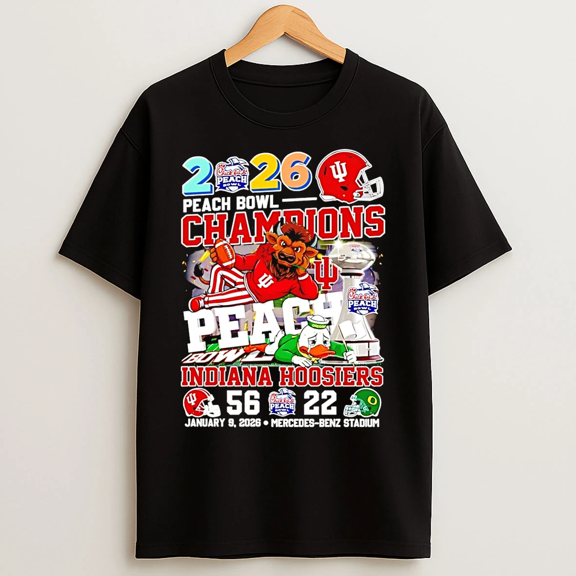 Classic Indiana Hoosiers Football 2026 Peach Bowl Champions 56 22 Trophy Mascot T Shirts