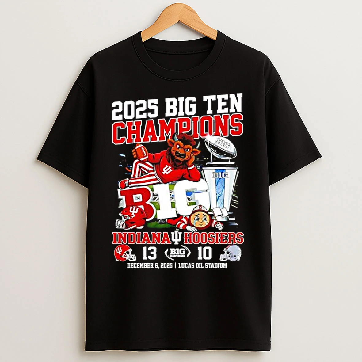 Classic Mascot Indiana Hoosiers 2025 Big Ten Champions 13 10 Ohio In Lucas Oil Stadium T Shirts