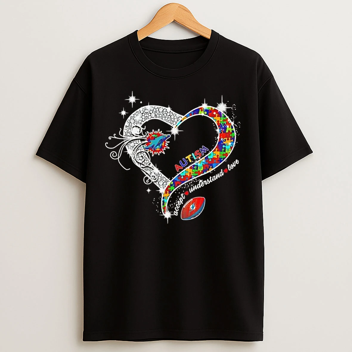 Classic Miami Dolphins Autism Accept Understand Love Diamond Heart T Shirts