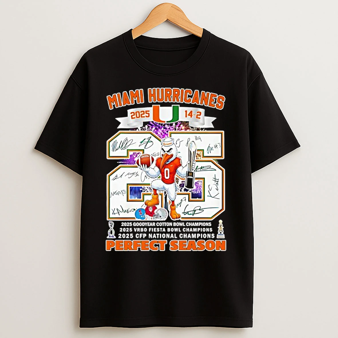 Classic Miami Hurricanes 2025 14 2 Perfect Season Players Signatures Mascot T Shirts