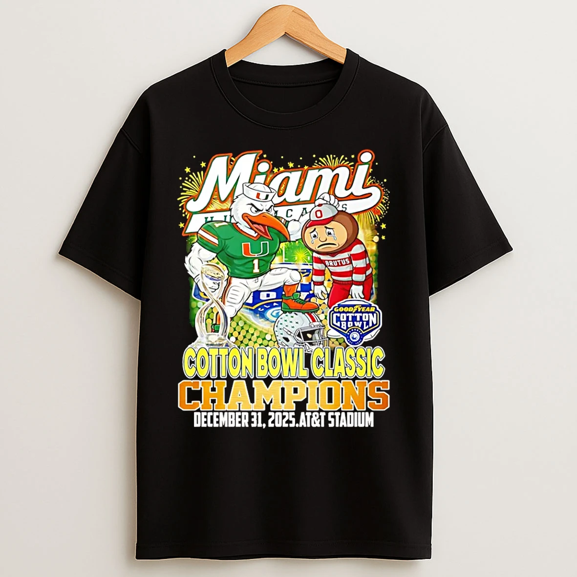 Classic Miami Hurricanes 2025 Cotton Bowl Classic Champions Mascot T Shirts