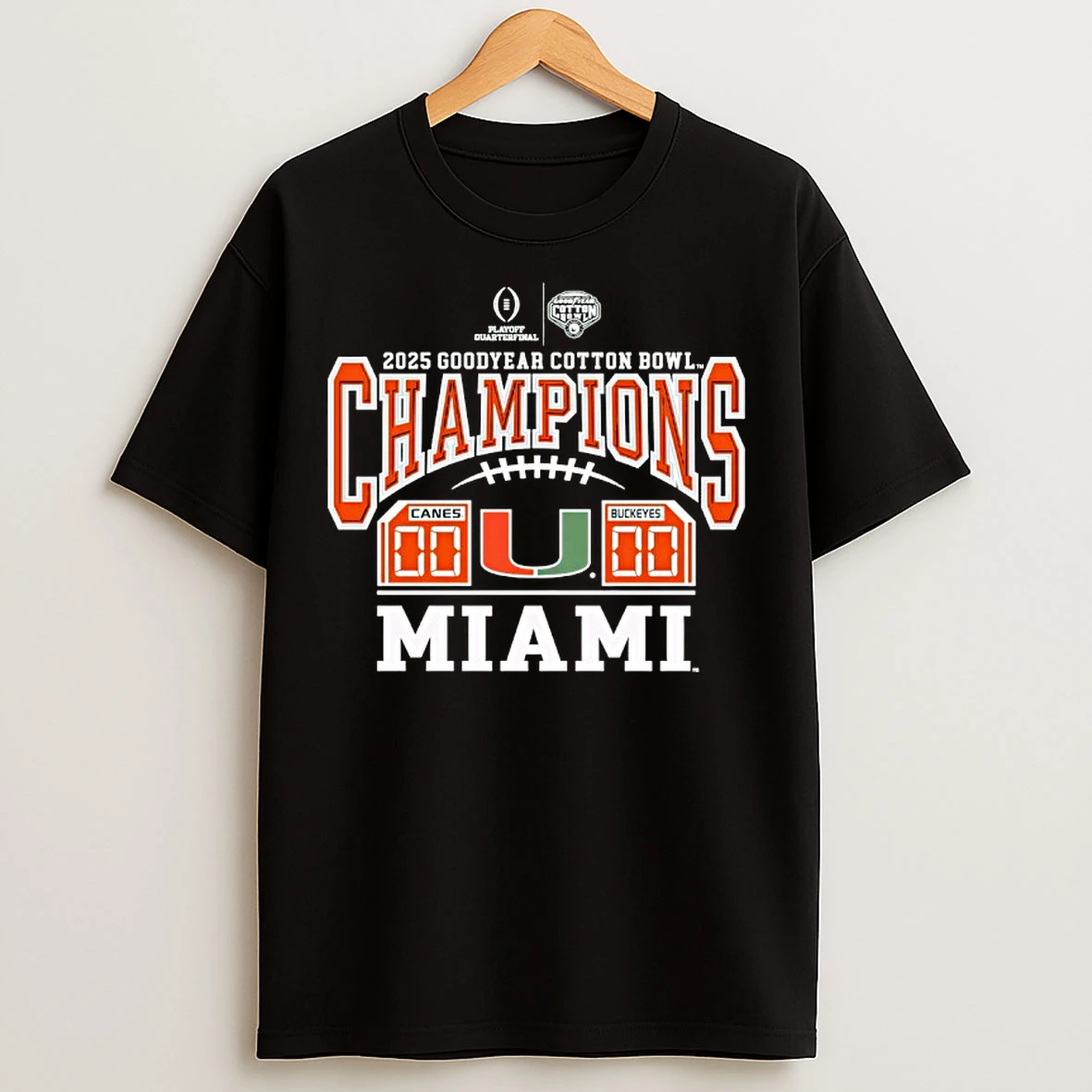 Classic Miami Hurricanes 2025 Mens Cotton Bowl Champions Game With 24 14 Final Score T Shirts