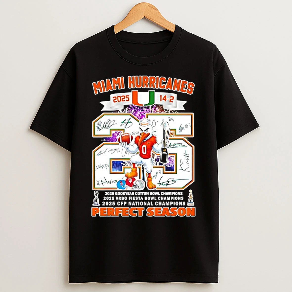 Classic Miami Hurricanes 2025 Perfect Season Mascot With Trophy T Shirts