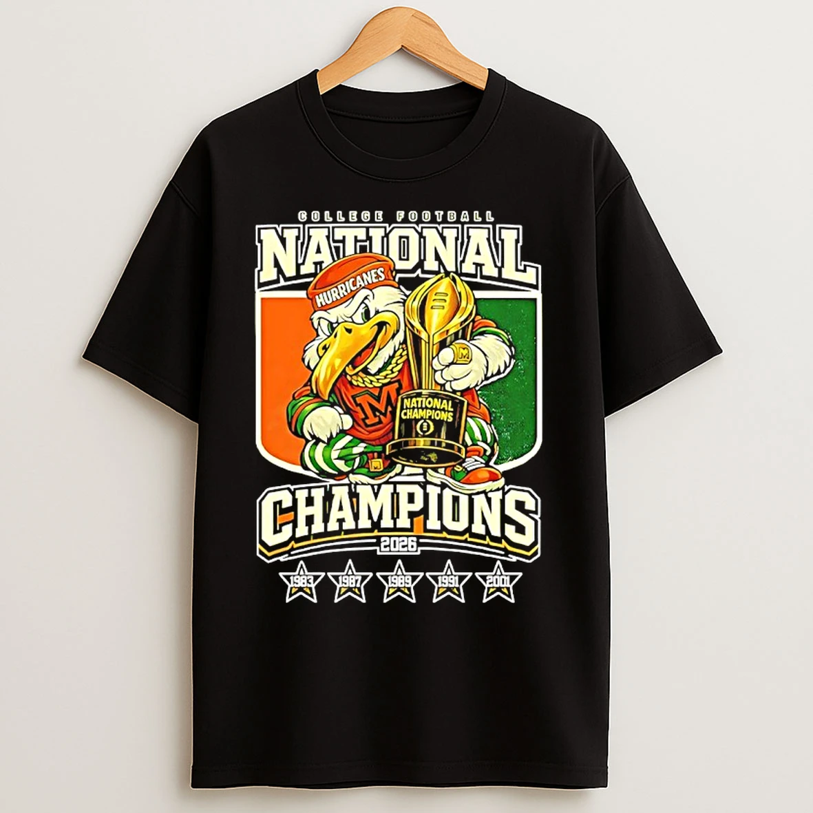 Classic Miami Hurricanes 2026 College Football Playoffs 6x Champions Mascot Trophy T Shirts