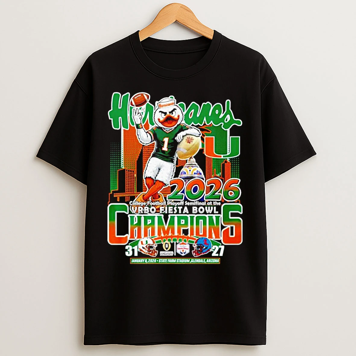 Classic Miami Hurricanes Cfp 2026 Fiesta Bowl Champions Mascot Skyline T Shirts