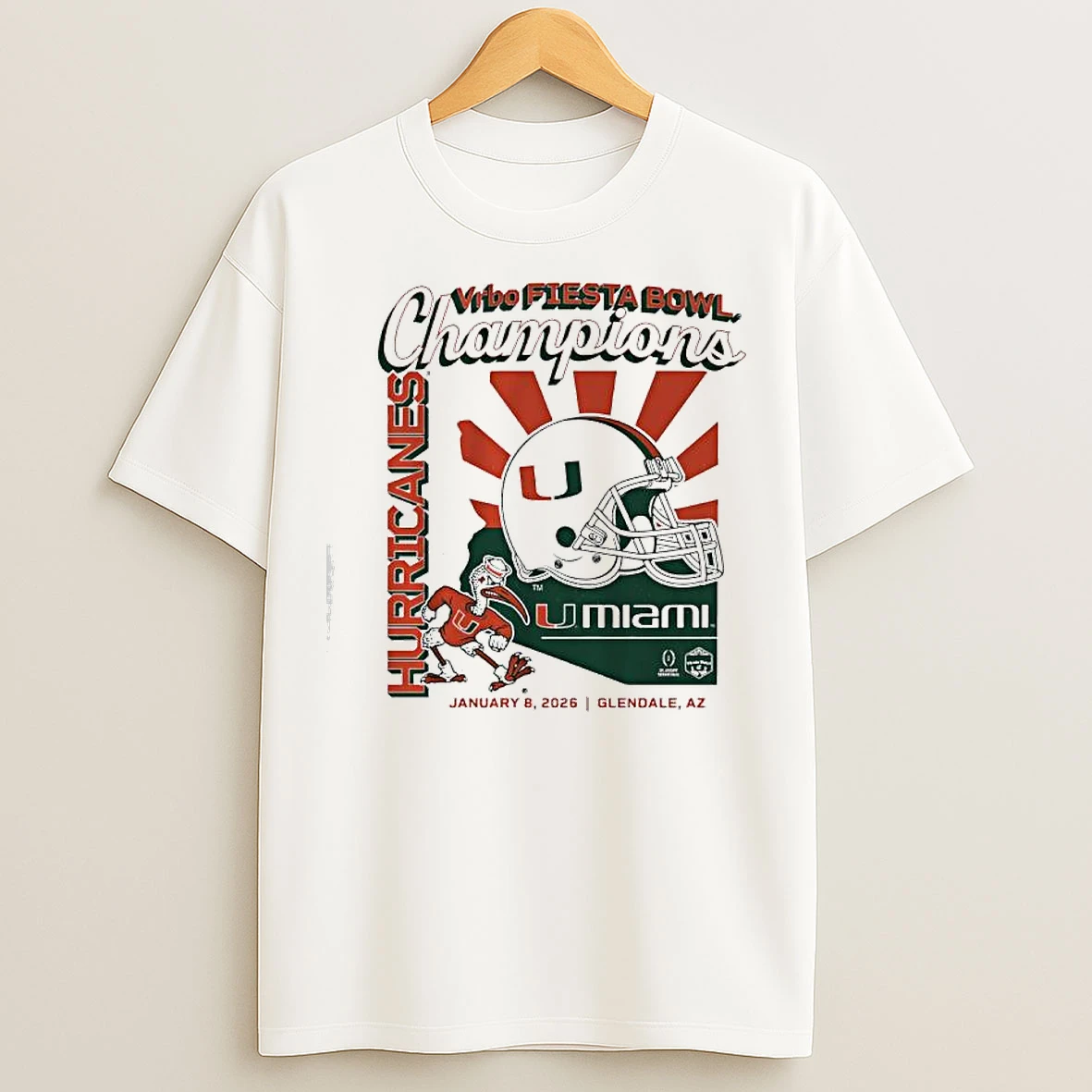 Classic Miami Hurricanes Vrbo Fiesta Bowl Champions January 8th 2026 Glendale Az Helmet Mascot T Shirts