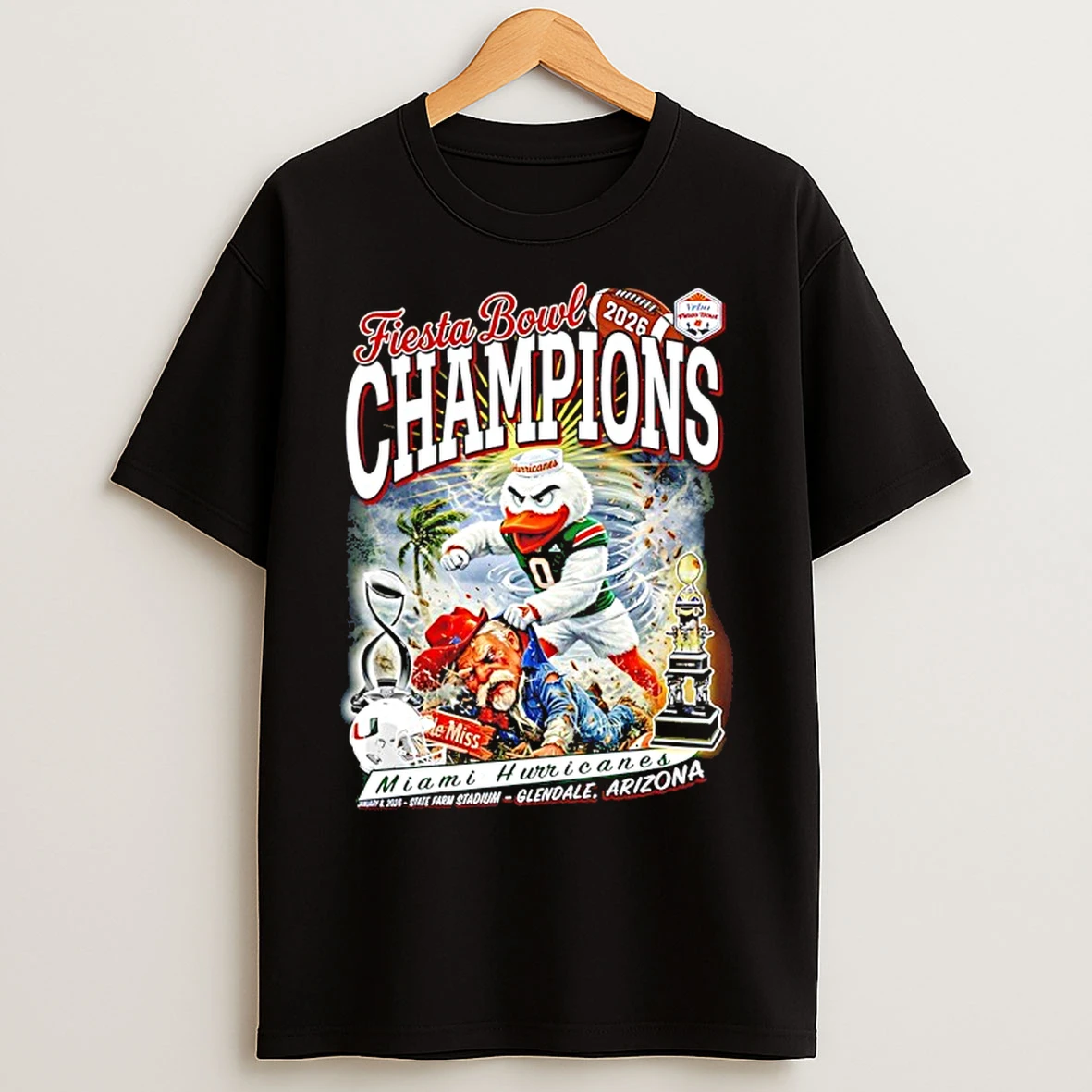 Classic Miami Hurricanes Beat Ole Miss Rebels 2026 Fiesta Bowl Champions Mascot T Shirts