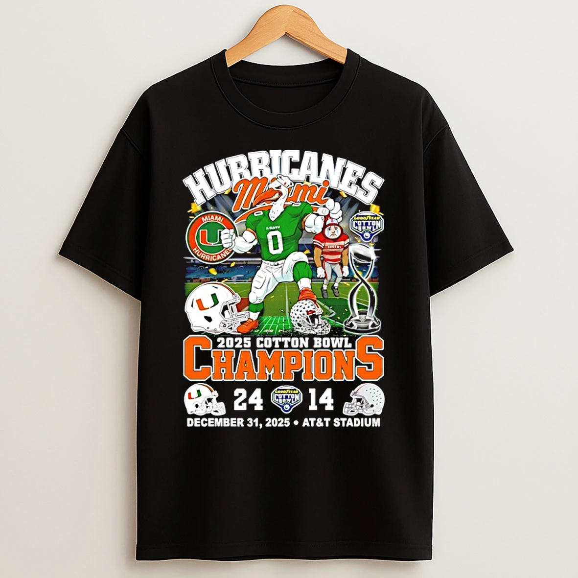 Classic Miami Beat Ohio State 24 14 Win 2025 Cotton Bowl Classic Mascot T Shirts
