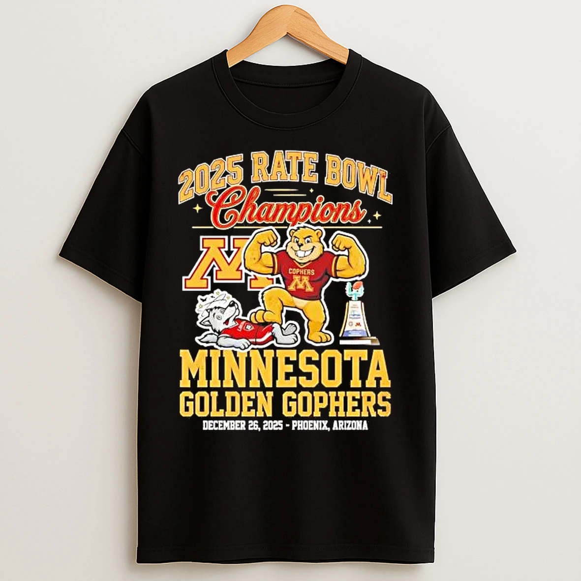 Classic Minnesota Golden Gophers 2025 Rate Bowl Champions Mascot T Shirts
