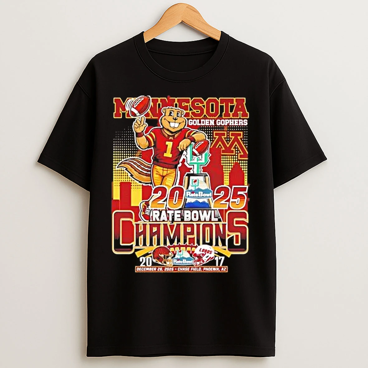 Classic Minnesota Golden Gophers 2025 Rate Bowl Champions Mascot Score T Shirts