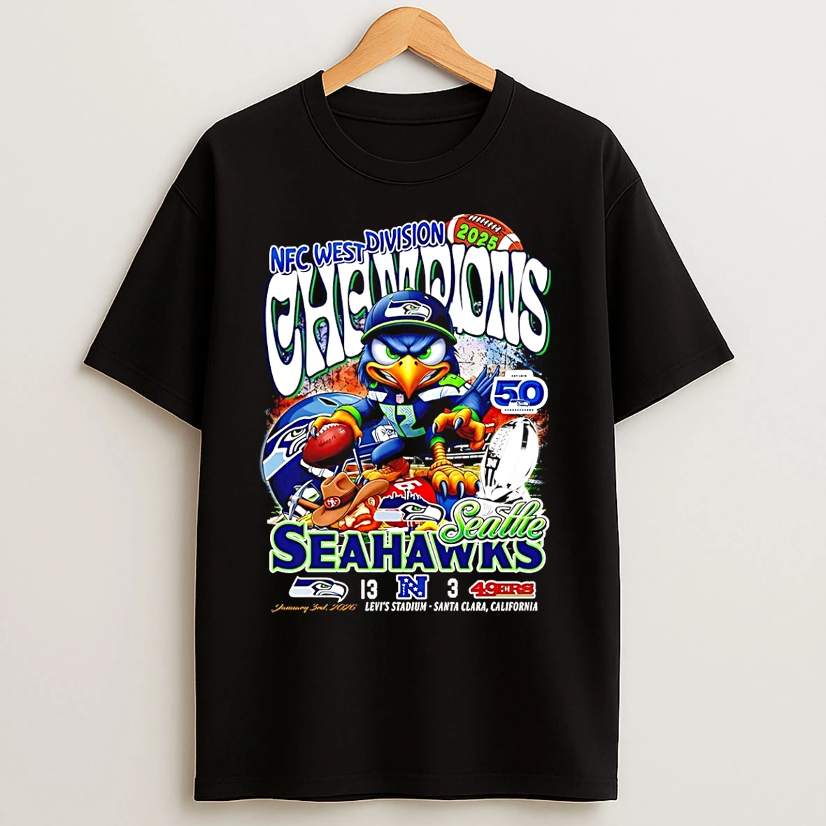 Classic Nfc West Champions Seattle Seahawks 2025 13 3 Score Mascot T Shirts