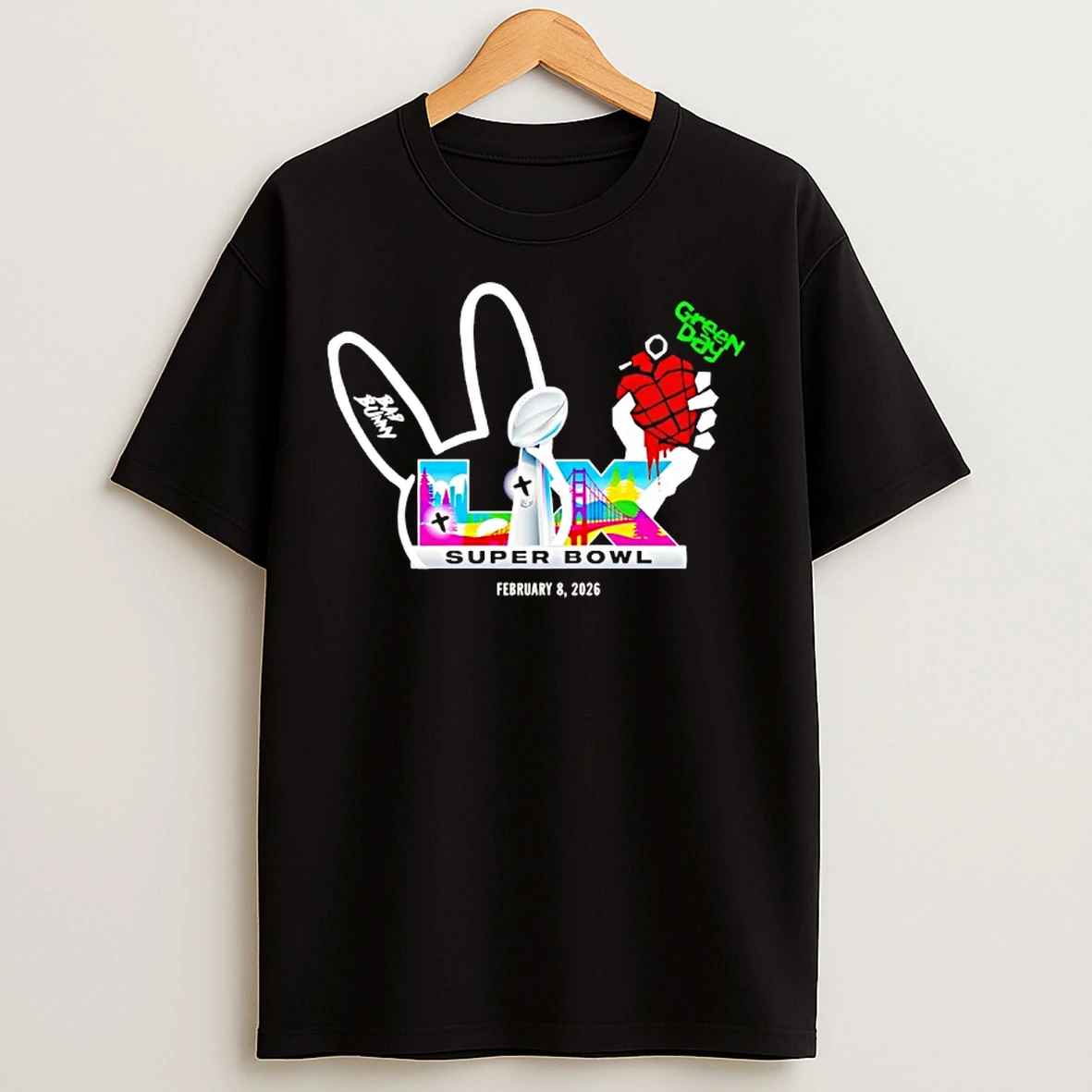 Classic Nfl Super Bowl Lx 2026 X Bad Bunny X Green Day Opening And Halftime Shows Logo T Shirts
