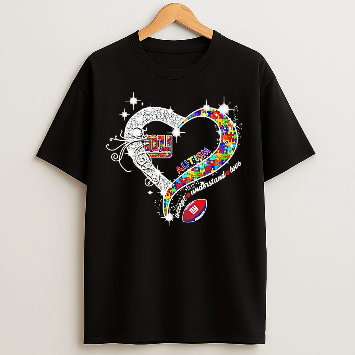 Classic New York Giants Autism Accept Understand Love Diamond Heart T Shirts