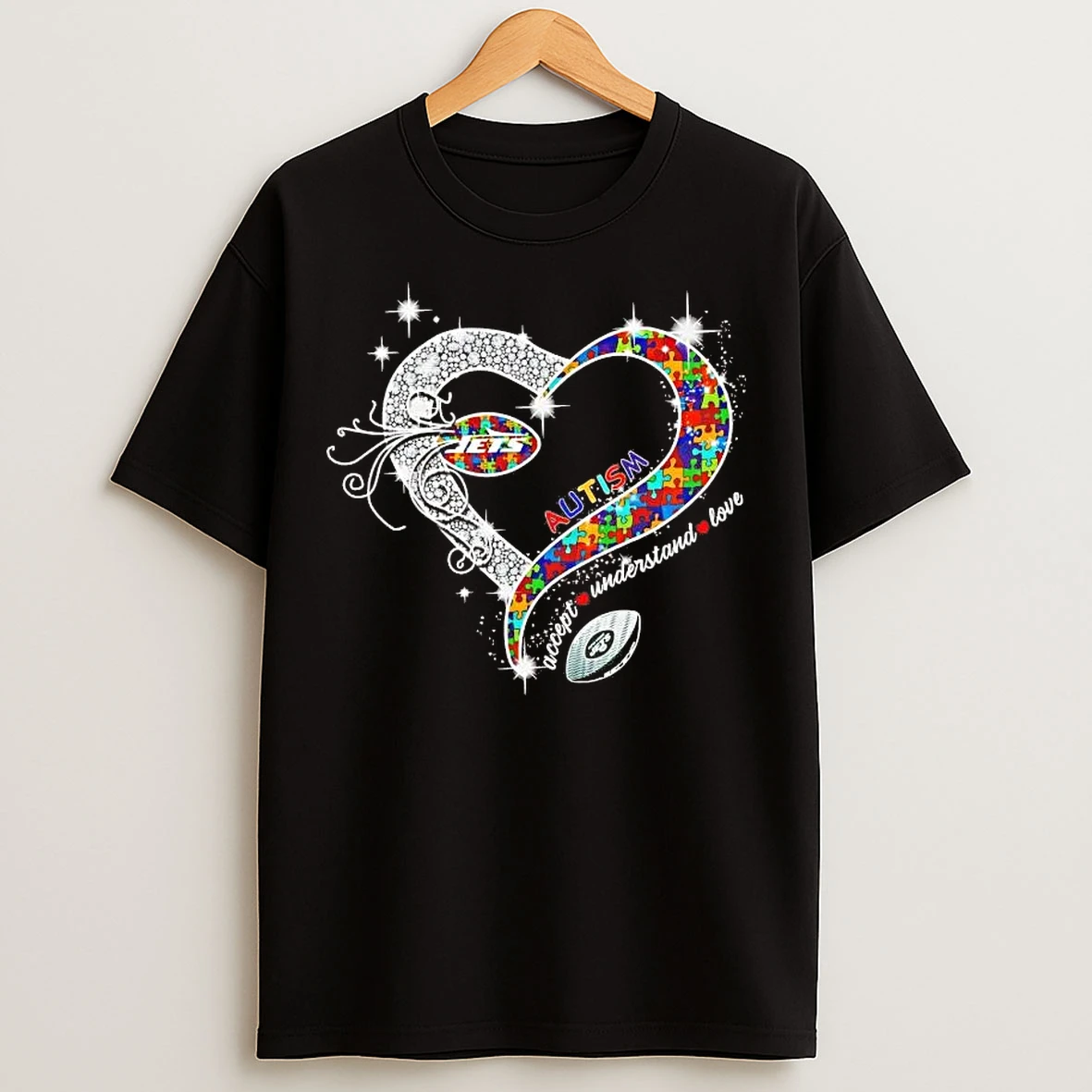 Classic New York Jets Autism Accept Understand Love Diamond Heart T Shirts
