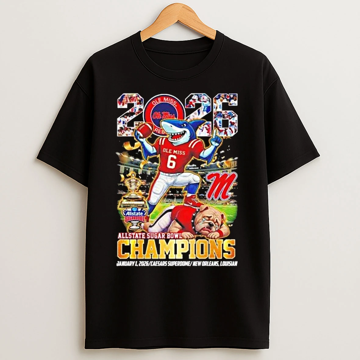 Classic Ole Miss Rebels 2026 Allstate Sugar Bowl Champions Mascot Trophy T Shirts