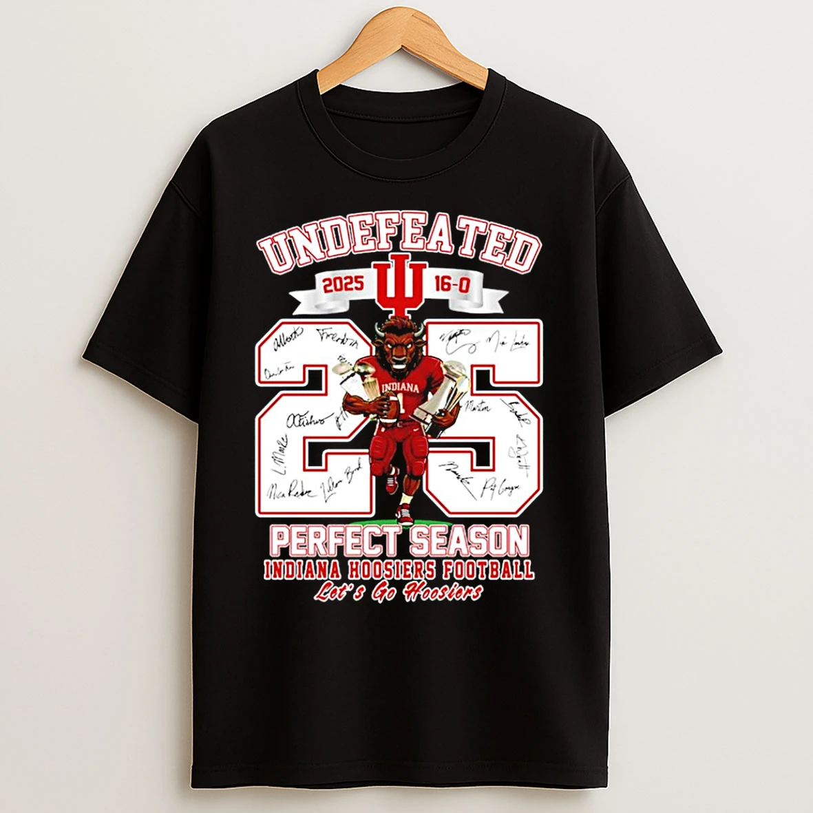 Classic Peach Bowl Champions 2026 Indiana Football Undefeated 2025 16 0 Lets Go Hoosiers Mascot T Shirts