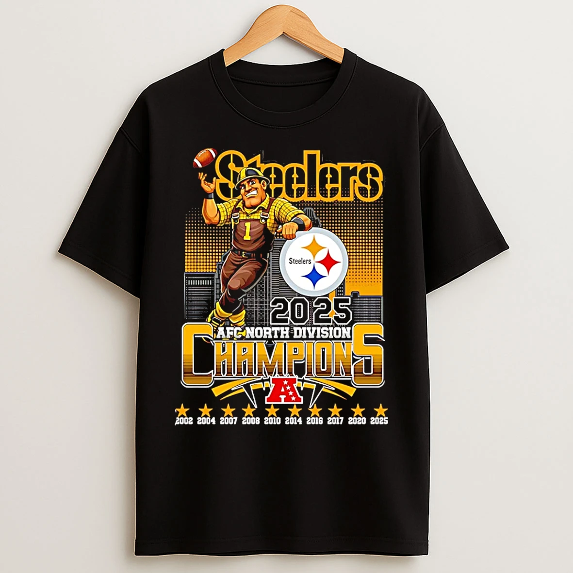 Classic Pittsburgh Steelers 2025 Afc North Champions Mascot Skyline T Shirts