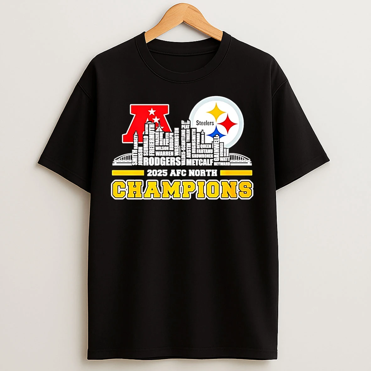 Classic Pittsburgh Steelers 2025 Afc North Champions Names City Skyline T Shirts
