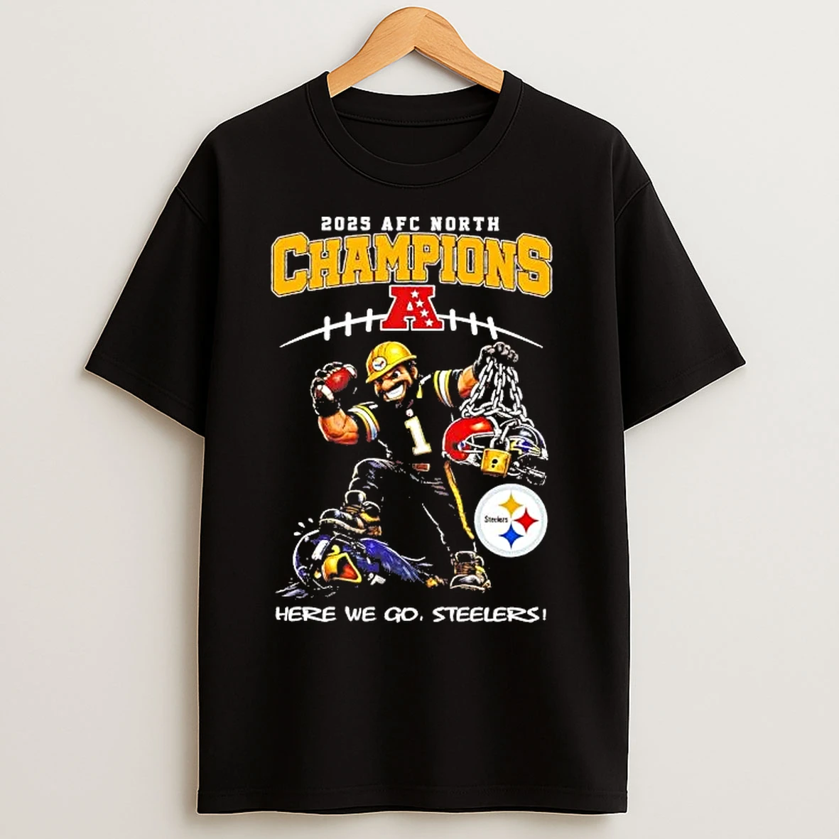 Classic Pittsburgh Steelers 2025 Afc North Champions Here We Go Mascot T Shirts